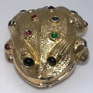 Judith Leiber 1980s gold plated multicolor glass cabochons frog toad brooch pin